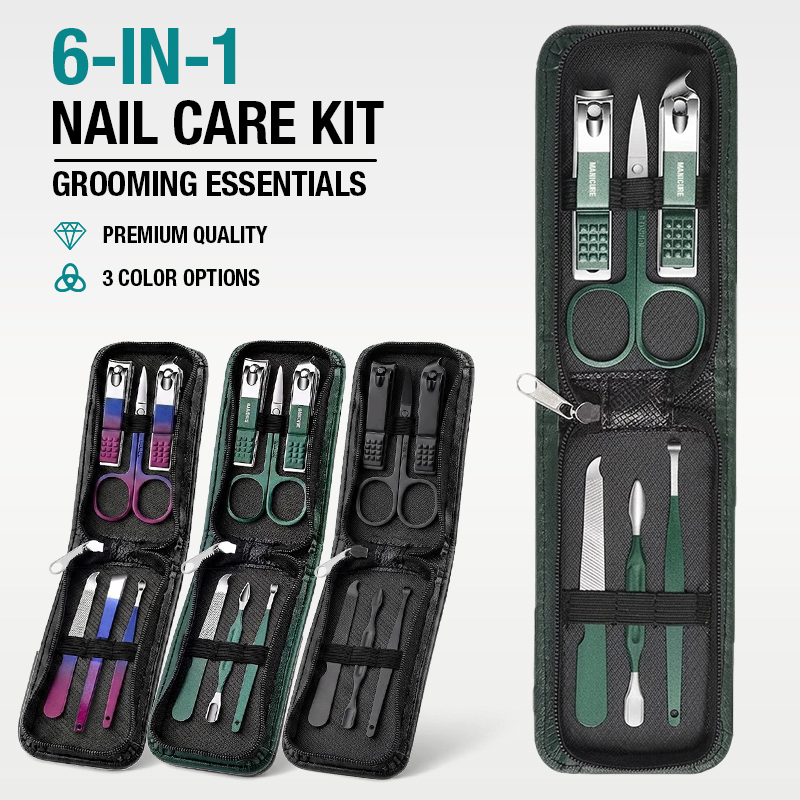 Mens Grooming Travel Kit - 6-IN-1 ポータブル爪切りセット 旅行用マニキュアキット 男性と女性用 – 爪切り、はさみ、やすり、グルーミングツールが含まれています