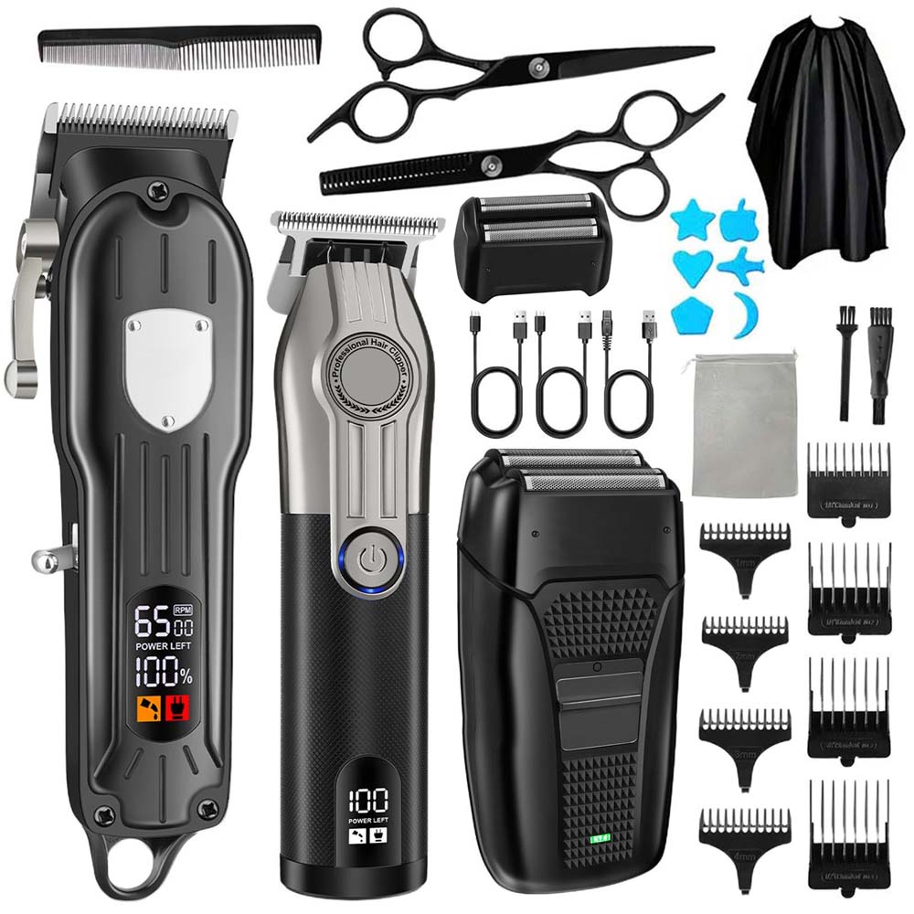 Men'S Grooming Product - 男性用プロ仕様バリカンセット、LEDディスプレイ付きコードレスヘアカットキット、3-in-1/2-in-1/1個入り充電式バリカン＆T字刃トリマー＆電気シェーバー、理髪師用ゼロギャップディテーラー、DIYグルーミングツール（ハサミ、くし、ケープ付き）